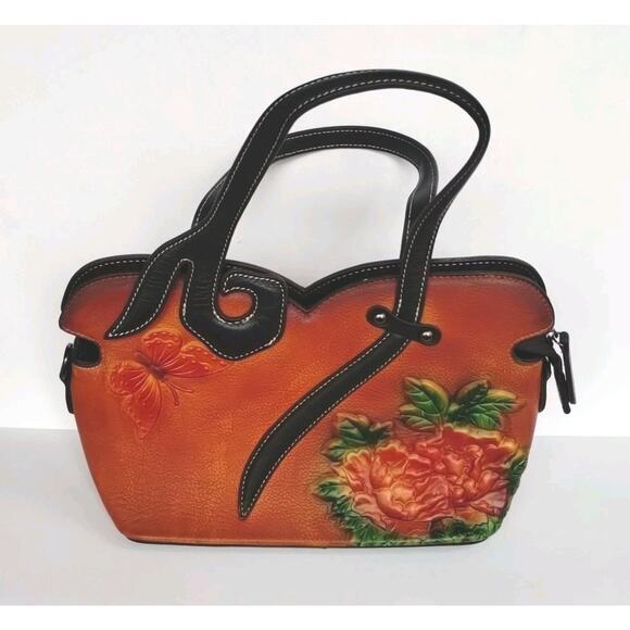 Genuine Leather Embossed Floral Garden Butterfly Artsy Handbag NEW Boho - Picture 1 of 14